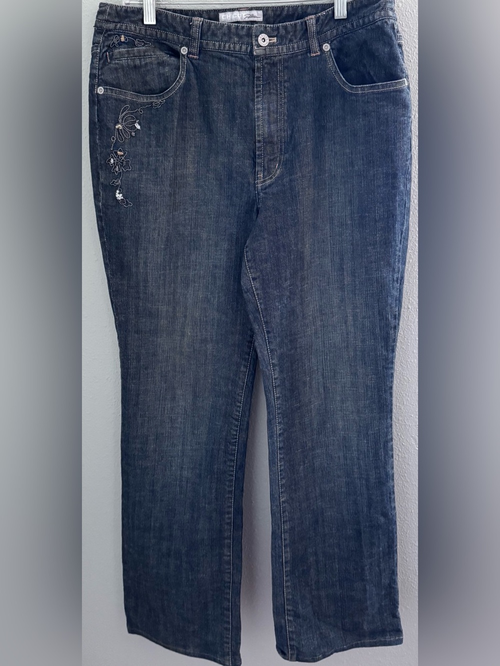 Chico’s Platinum Women’s Dark Blue Embroidered Straight-Leg Jeans, Size 12